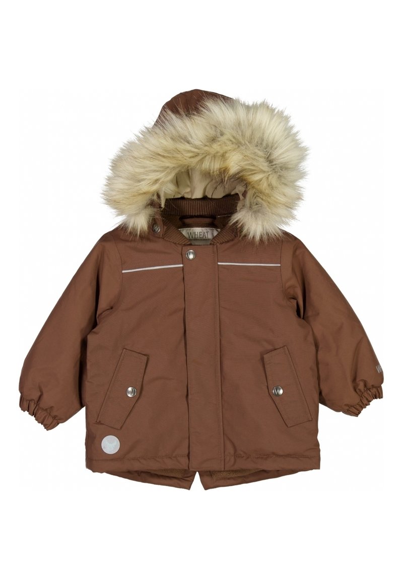 Braune isolierte Jacke mit fellgefütterter Kapuze, Druckknöpfen, zwei vorderen Taschen und einem reflektierenden Streifen. Verstellbare Manschetten. Weicher Stoff.