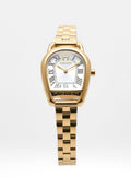 Goldene Aigner-Armbanduhr mit hufeisenförmigem Zifferblatt, weißem Zifferblatt, schwarzen römischen Ziffern und einem Gliederarmband aus Metall.