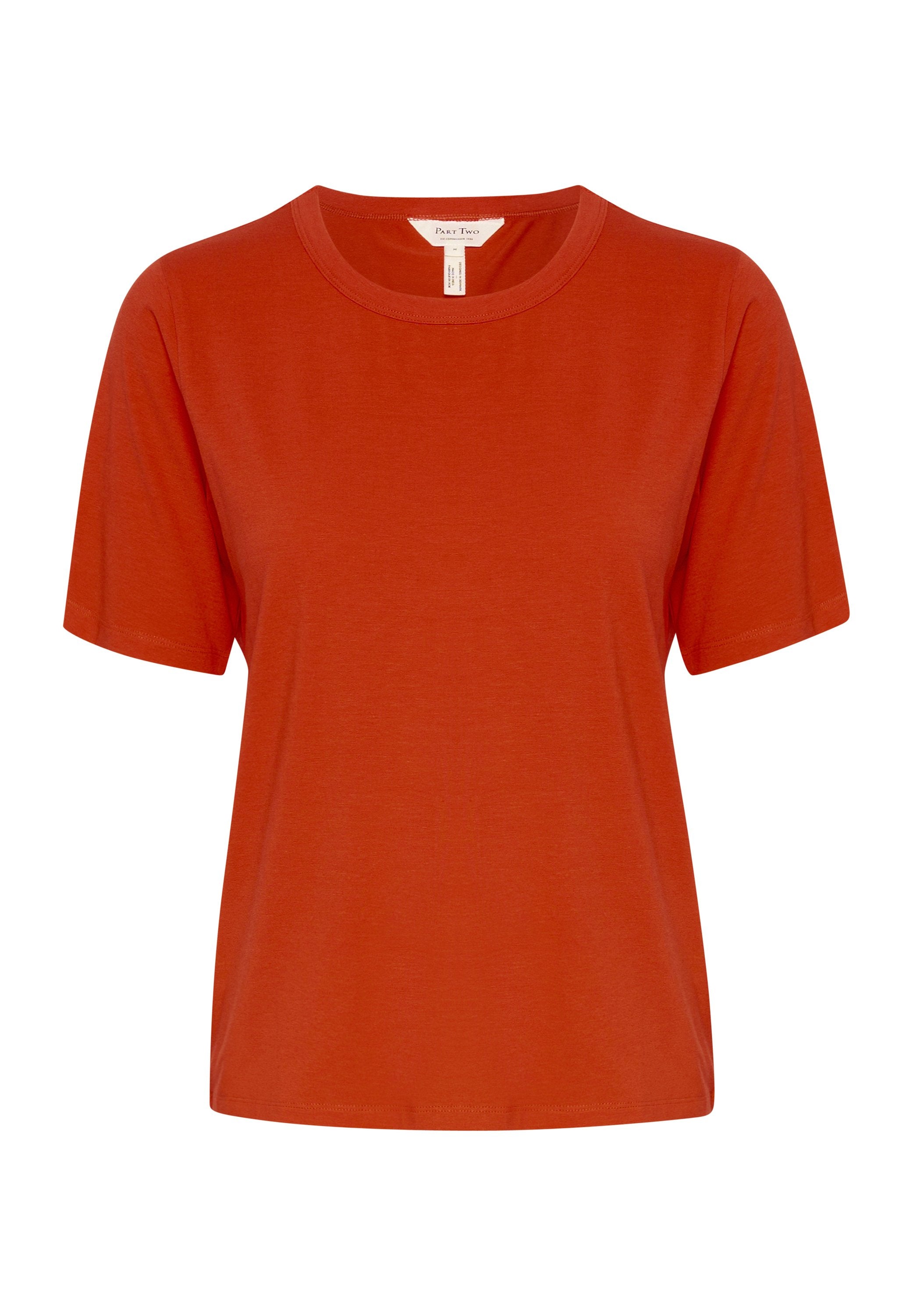 Kurzärmliges, runder T-Shirt in leuchtendem Orange, aus einem weichen Baumwollmischgewebe, mit einem lockeren Schnitt und minimalen Nähten.
