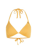 Gelbes Dreieck-Bikini-Oberteil mit verstellbaren Bändern am Hals und Rücken. Hergestellt aus glattem, elastischem Material mit gerafften Nähten.