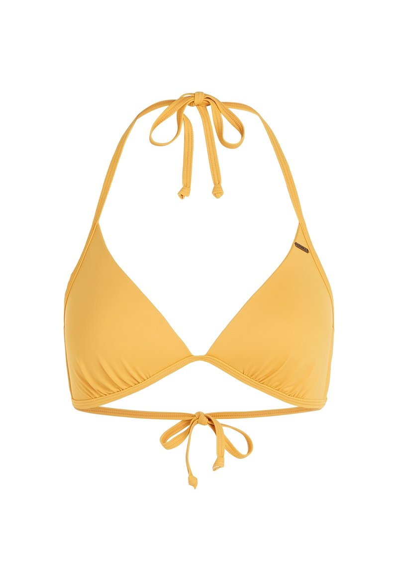 Gelbes Dreieck-Bikini-Oberteil mit verstellbaren Bändern am Hals und Rücken. Hergestellt aus glattem, elastischem Material mit gerafften Nähten.