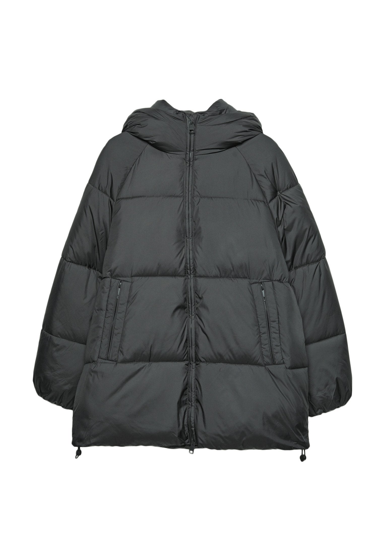 Schwarze Pufferjacke mit Kapuze, ausgestattet mit einem gesteppten Design, mit Reißverschlusstaschen, elastischen Kordeln am Saum und einer glatten Textur.