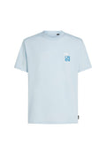 Hellblaues kurzärmeliges T-Shirt aus Baumwolle. Auf der linken Brustseite befindet sich eine kleine Palme und ein Logo in Blau. Klassischer Rundhalsausschnitt.