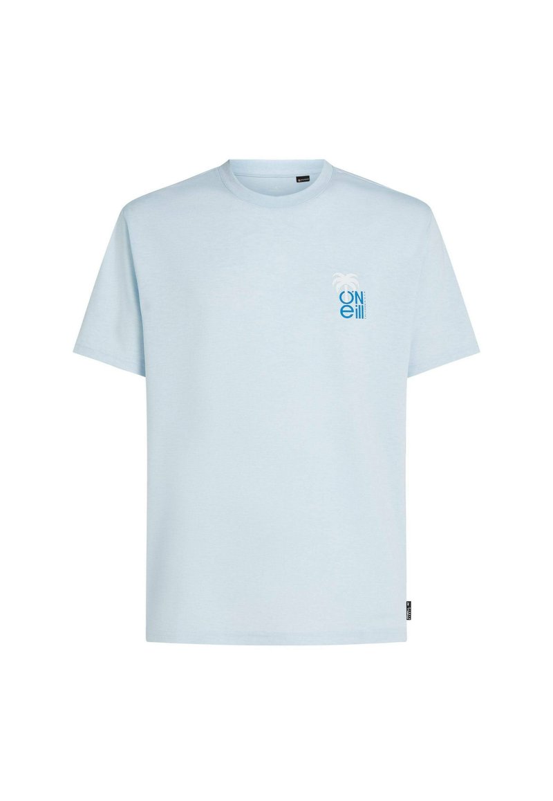 Hellblaues kurzärmeliges T-Shirt aus Baumwolle. Auf der linken Brustseite befindet sich eine kleine Palme und ein Logo in Blau. Klassischer Rundhalsausschnitt.