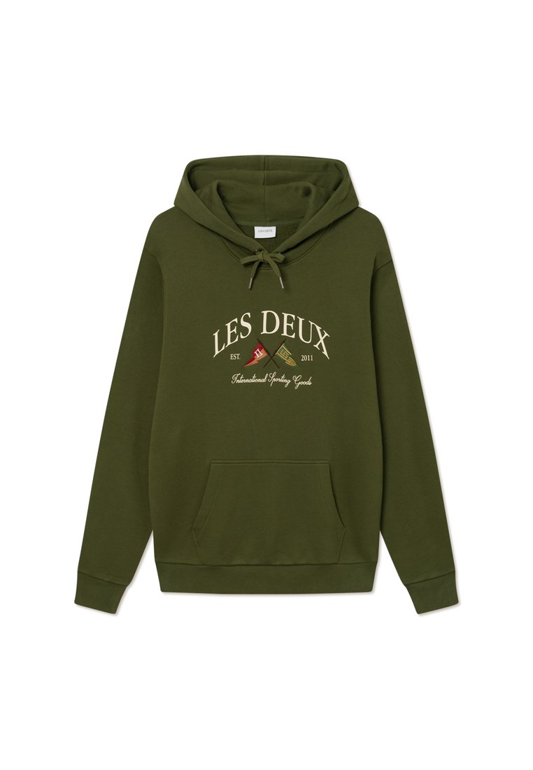 Olivgrüner Kapuzenpullover mit Kordelzug, Fronttasche und gesticktem "LES DEUX"-Logo mit Flaggen. Weiches, aus Baumwoll-Mischmaterial.
