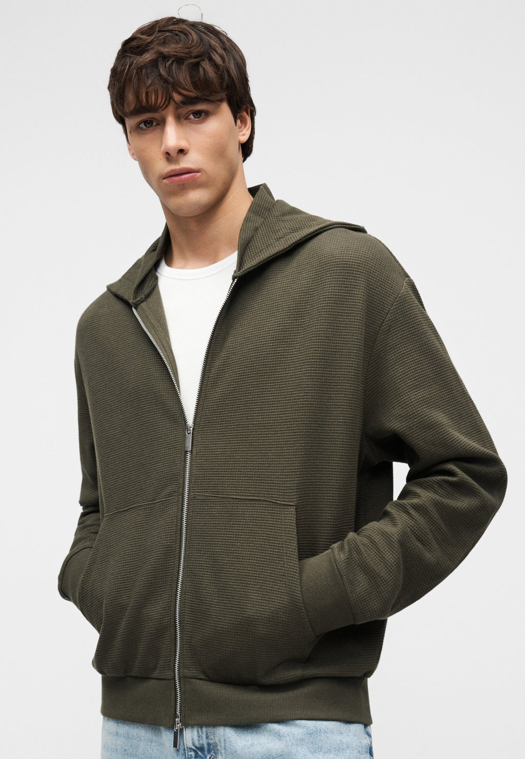 YOURTURN UNISEX WAFFLE RELAXED FIT ZIP-UP HOODIE