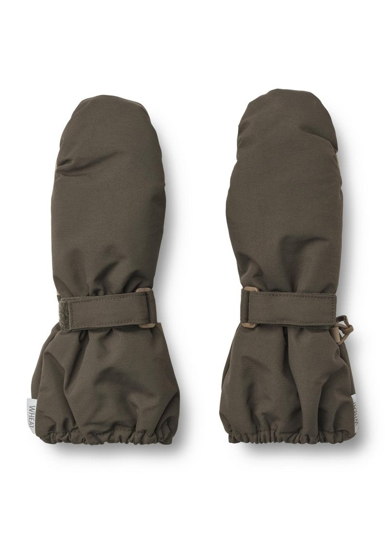 Dunkelgrüne Fäustlinge aus wasserabweisendem Stoff, mit einem gerafften Handgelenk und einem Klettverschlussriemen für eine verstellbare Passform.