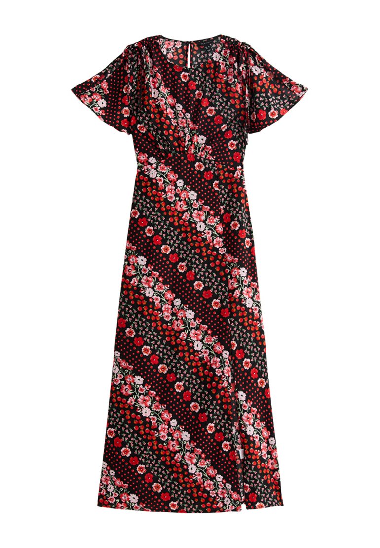 Maxikleid aus schwarzem Stoff mit diagonalen roten Blumenmustern, Polka-Dots, schwingenden Ärmeln und einem V-Ausschnitt. Enthält eine Schlüsselöffnung im Rücken.