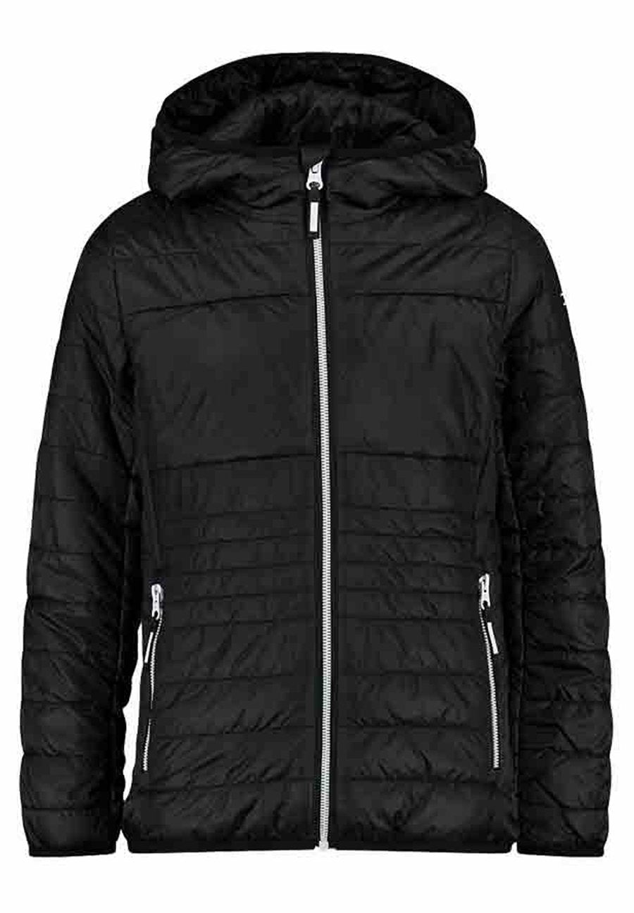 Schwarze gepolsterte Jacke mit Kapuze; verfügt über horizontale Nähte, einen Reißverschluss auf der Vorderseite und zwei Seitentaschen mit Reißverschluss.