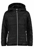 Schwarze gepolsterte Jacke mit Kapuze; verfügt über horizontale Nähte, einen Reißverschluss auf der Vorderseite und zwei Seitentaschen mit Reißverschluss.