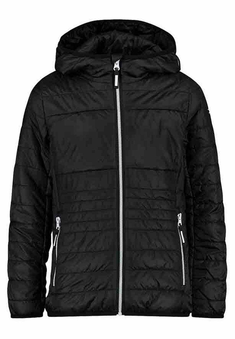 Schwarze gepolsterte Jacke mit Kapuze; verfügt über horizontale Nähte, einen Reißverschluss auf der Vorderseite und zwei Seitentaschen mit Reißverschluss.