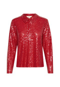 Rote Bluse mit langen Ärmeln aus Paillettenstoff. Sie hat einen klassischen Kragen und eine lockere Passform, mit glänzenden Details auf der gesamten Oberfläche.