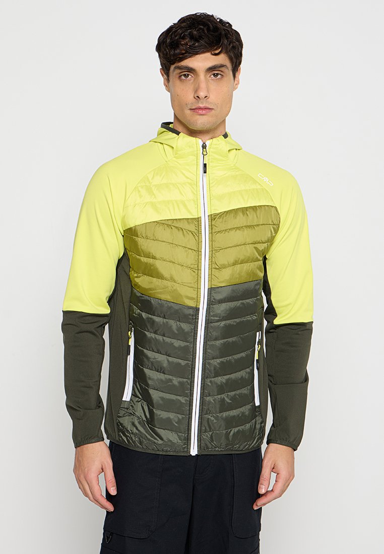 Kapuzensh jacket in leuchtendem Gelb und Olivgrün, mit einem gesteppten oberen Teil, glattem unteren Teil und Reißverschlusstaschen.