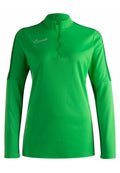 Grünes langärmliges Sportoberteil mit Viertel-Reißverschluss, hohem Kragen und weißem Nike-Logo auf der oberen linken Brust.