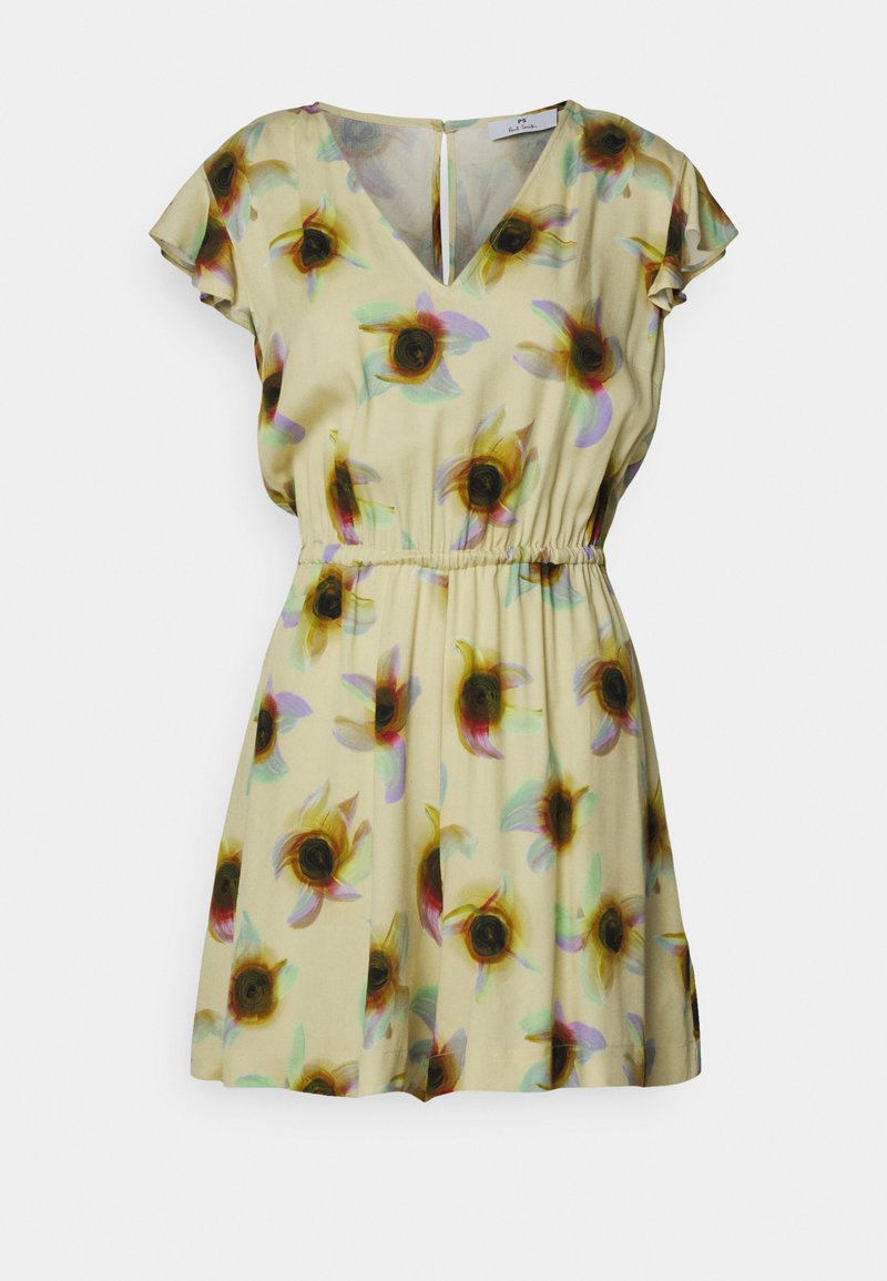 Blumenmusterkleid aus gelbem Stoff mit V-Ausschnitt, kurzen, flatternden Ärmeln und einem elastischen Taillenbund. Muster aus bunten Sonnenblumen über das gesamte Kleid.