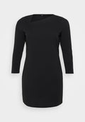Schwarzes knielanges Kleid mit langen Ärmeln, das einen leicht asymmetrischen Ausschnitt und einen glatten, dehnbaren Stoff aufweist.
