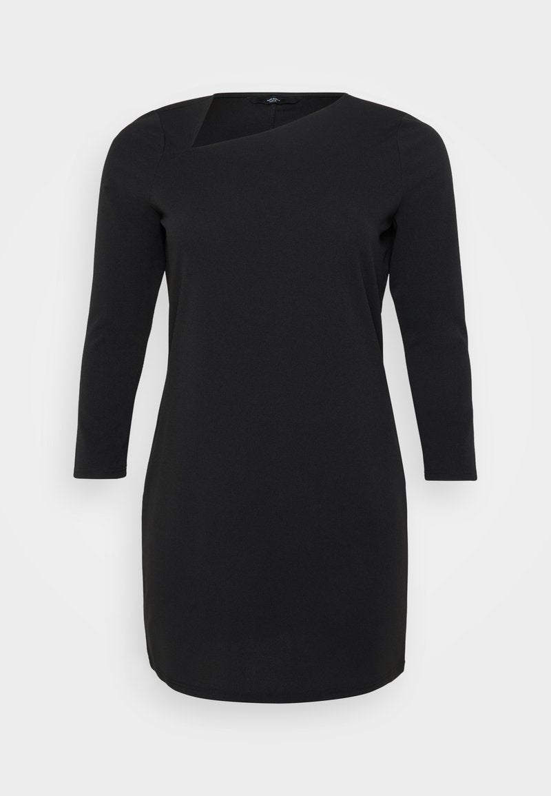 Schwarzes knielanges Kleid mit langen Ärmeln, das einen leicht asymmetrischen Ausschnitt und einen glatten, dehnbaren Stoff aufweist.