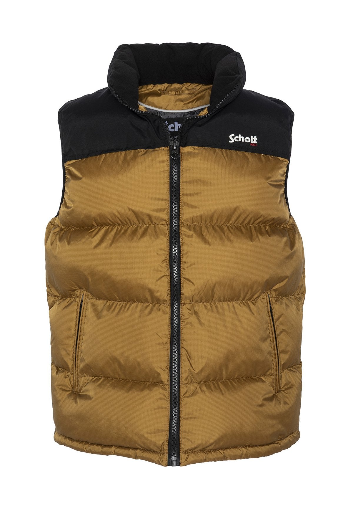 Braune und schwarze gepolsterte ärmellose Weste mit Frontreißverschluss, seitlichen Taschen und dem "Schott NYC"-Logo auf der Brust.
