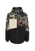 Skijacke mit schwarzem Grund und Camouflage-Muster in Weiß, Braun und roten Akzenten; beinhaltet eine Kapuze, einen Reißverschluss und verstellbare Bündchen.