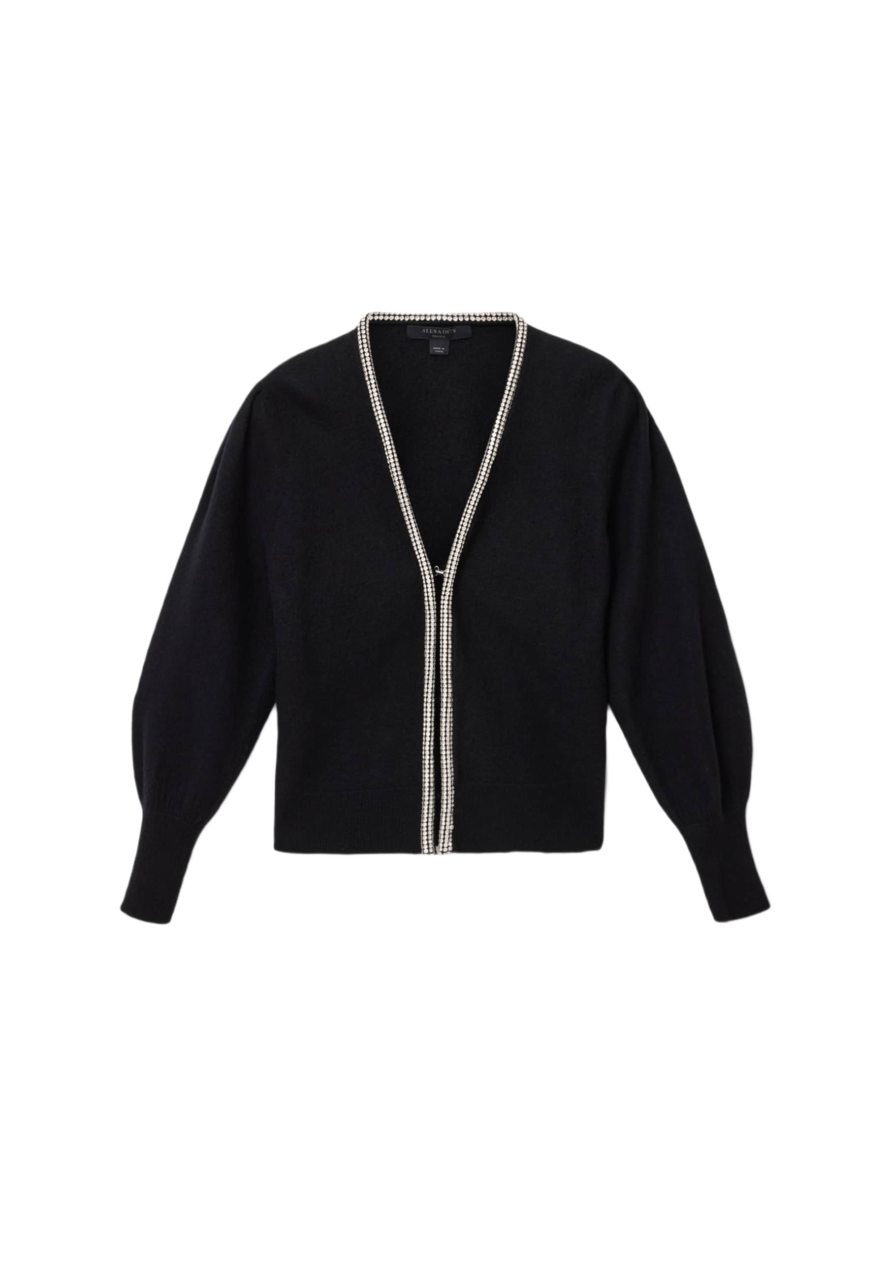 Schwarze Strickjacke mit V-Ausschnitt, tiefen Ärmeln und dekorativen weißen Perlen entlang der offenen Front. Weiches Material und taillierte Säume.