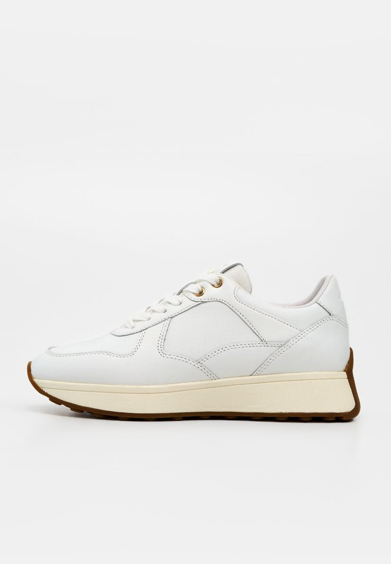 Weißer Sneaker mit niedrigem Schaft, cremefarbiger Zwischensohle, brauner Sohle, goldenen Ösen und gesteppten Paneeldetails auf einfarbigem Hintergrund.