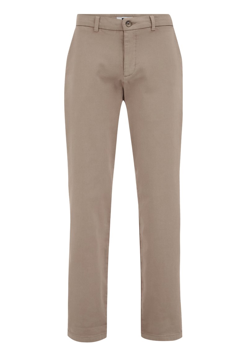 Beige Baumwollhosen mit geradem Schnitt, ausgestattet mit einem Knopfverschluss, seitlichen Taschen und glatter Oberfläche. Keine Muster oder Verzierungen.