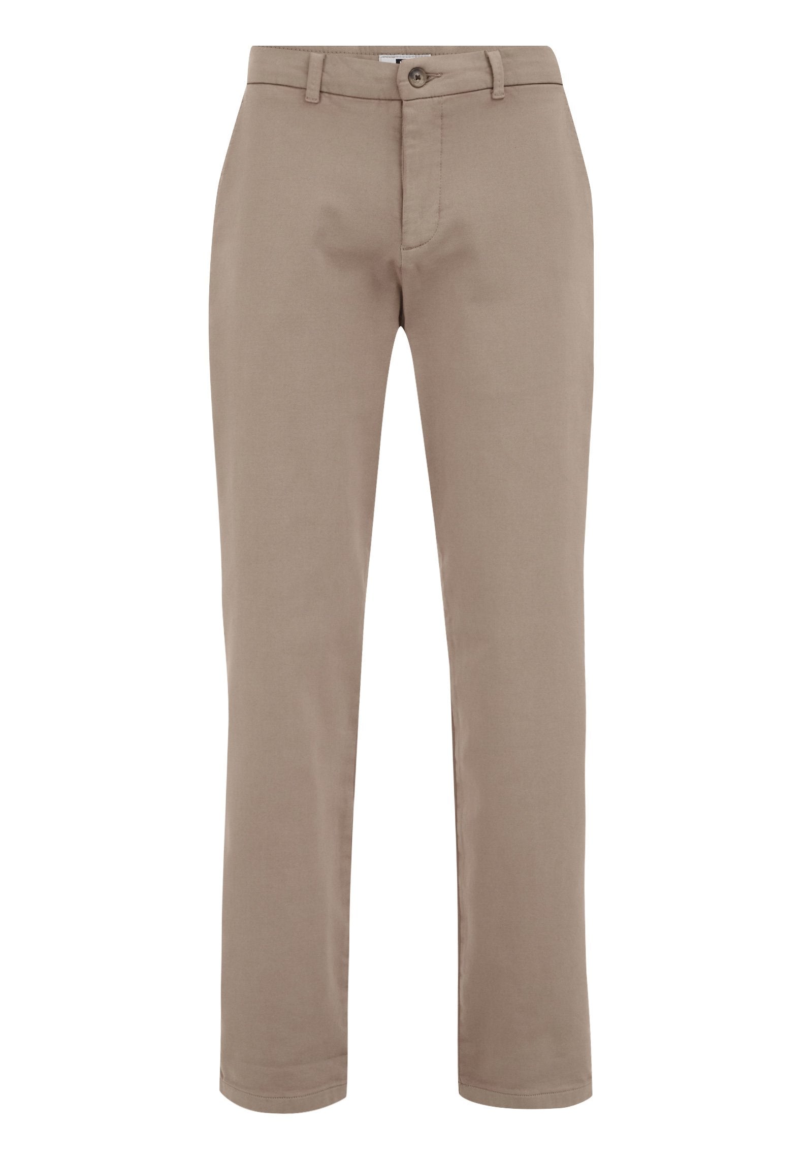 Beige Baumwollhosen mit geradem Schnitt, ausgestattet mit einem Knopfverschluss, seitlichen Taschen und glatter Oberfläche. Keine Muster oder Verzierungen.
