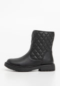 Schwarze Knöchelboots mit einer gesteppten Textur im Obermaterial, aus glattem synthetischen Material, mit einem niedrigen Blockabsatz und Gummisohle.