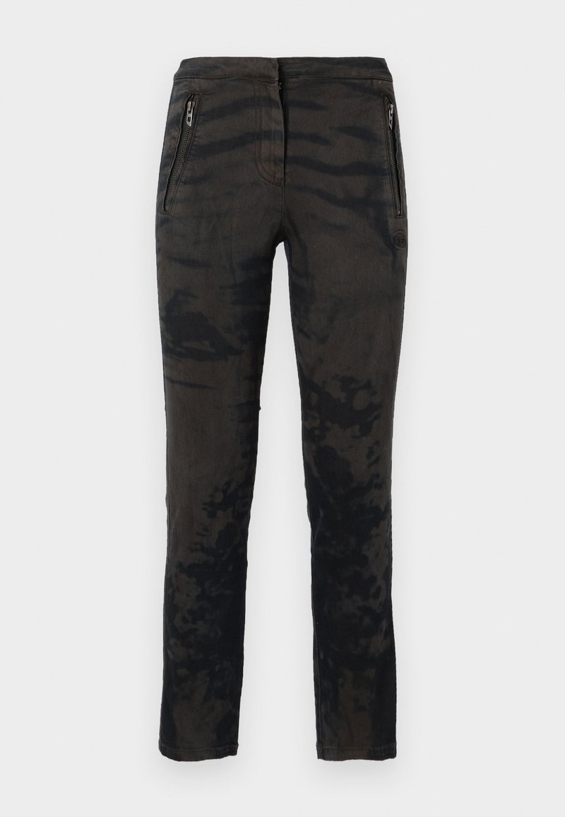 Schwarz und dunkelgrau gefärbte Batik-Hosen mit zwei seitlichen Reißverschlusstaschen, geradem Bein-Design und einem Logopatch am hinteren Bund.