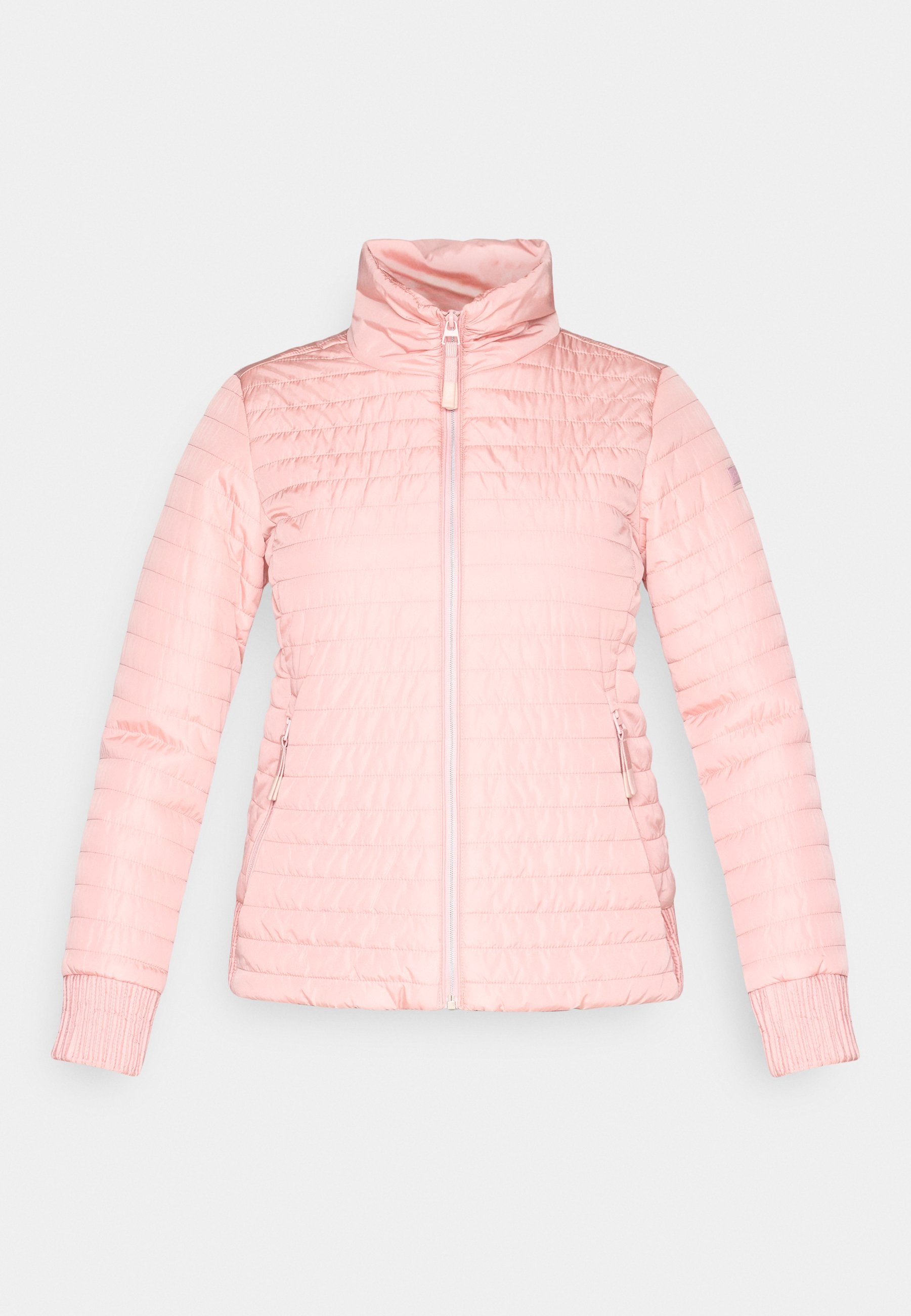 Hellrosa gesteppte Jacke mit hohem Kragen, durchgehendem Frontreißverschluss, Reißverschlusstaschen an den Seiten und gerippten Bündchen an langen Ärmeln.