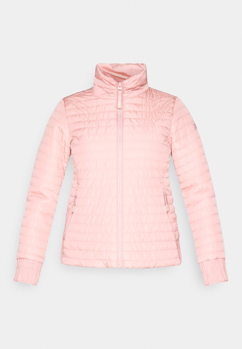 Hellrosa gesteppte Jacke mit hohem Kragen, durchgehendem Frontreißverschluss, Reißverschlusstaschen an den Seiten und gerippten Bündchen an langen Ärmeln.