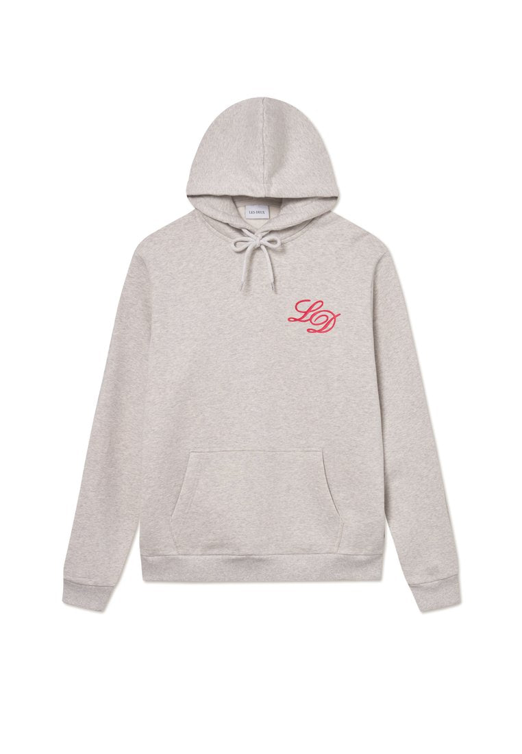 Grau Hoodie aus weichem Stoff, mit einer Vordertasche, verstellbarem Kordelzug an der Kapuze und rotem eingesticktem "LD"-Logo auf der Brust.