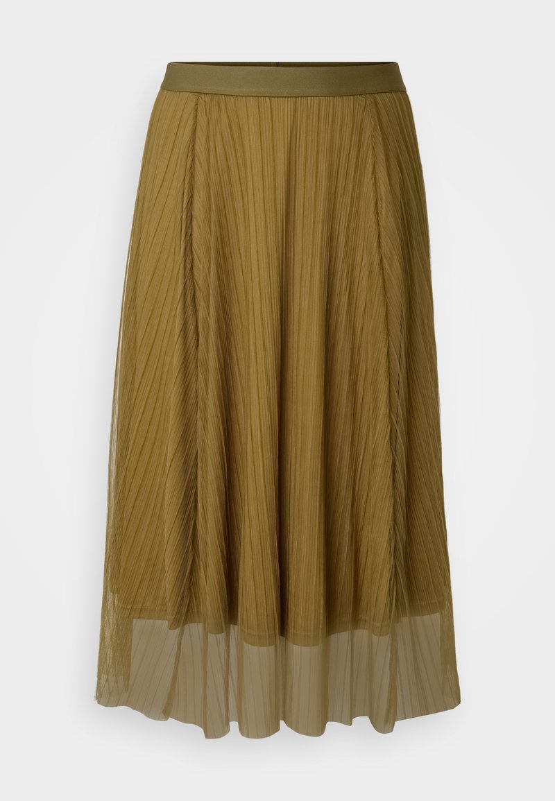 Faltenrock in olivgrün mit einem festen Bündchen und unterer Schicht aus transparenter Stoff. Er weist vertikale Falten über die gesamte Länge auf.