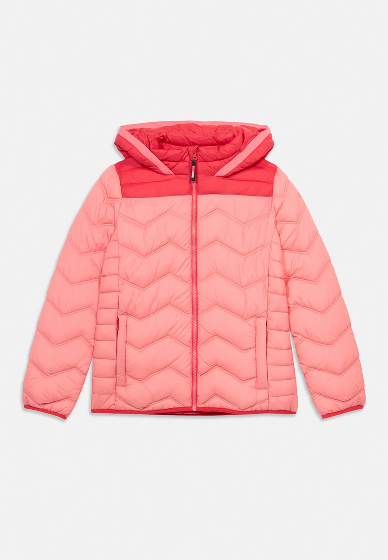 Hellrosa und rote gesteppt gepolsterte Jacke mit Kapuze, Frontreißverschluss und Seitentaschen, mit Zickzack-Steppmuster.