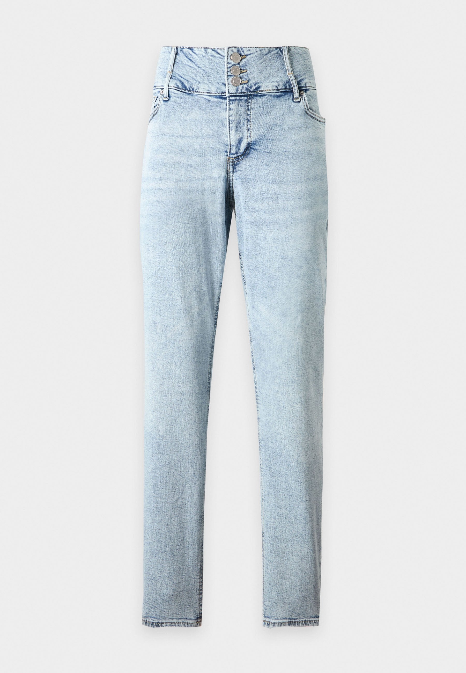 Hellblaue, hoch taillierte Skinny-Jeans mit drei Metallknöpfen und Vordertaschen auf einfarbigem Hintergrund.