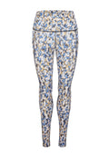 Zusammengestellte Leggings in einem mehrfarbigen abstrakten Muster aus Blau, Gold und Weiß. Hergestellt aus dehnbarem, atmungsaktivem Stoff mit einem elastischen Bund.