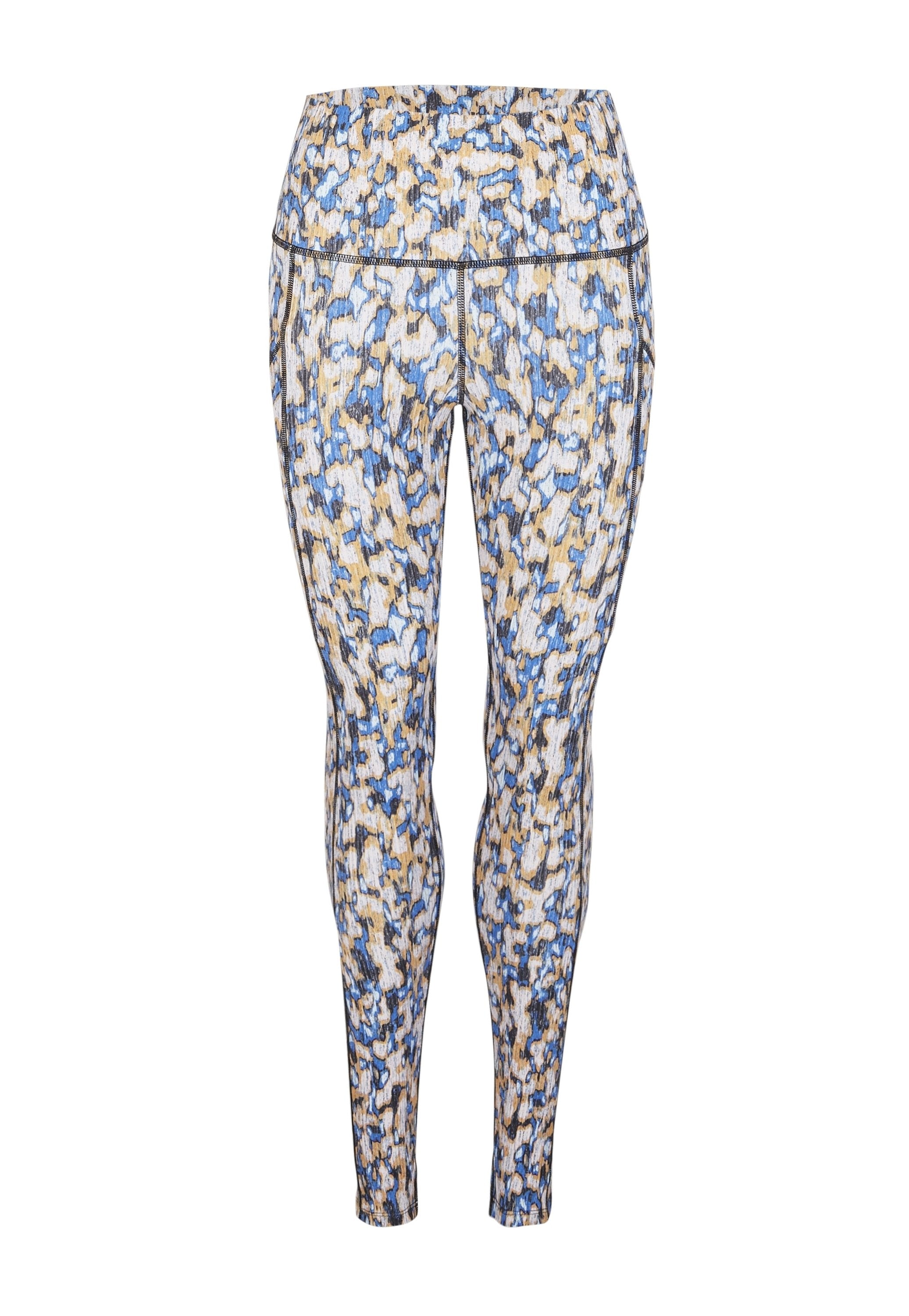 Zusammengestellte Leggings in einem mehrfarbigen abstrakten Muster aus Blau, Gold und Weiß. Hergestellt aus dehnbarem, atmungsaktivem Stoff mit einem elastischen Bund.