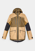 GORE-TEX-Jacke in Braun und Beige mit Kapuze, ausgestattet mit Reißverschlusstaschen und kontrastierenden schwarzen Akzenten an den Ärmeln und Schultern.