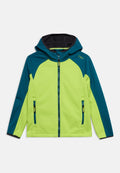 Kapuzensweatjacke mit Reißverschluss in Limettengrün und Blaugrün, mit langen Ärmeln und seitlichen Reißverschlusstaschen, strukturierte Stoffoberfläche und kleinem Logo auf der Schulter.