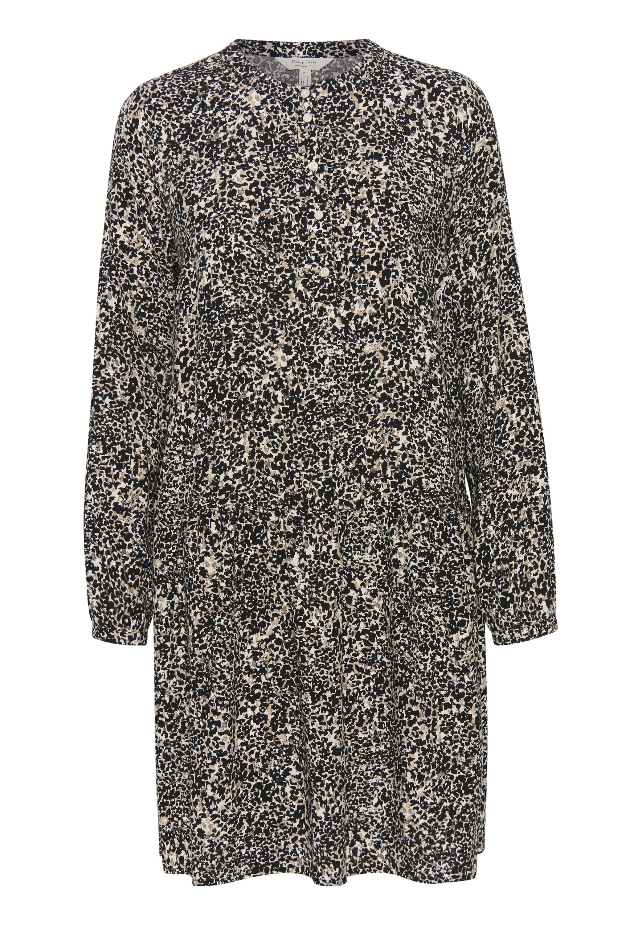 Schwarzes und cremefarbenes langärmliges Kleid mit Leopardenmuster, rundem Halsausschnitt und Knopfdetails an der Vorderseite. Weicher Stoff.
