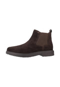 Dunkelbraune Wildleder Chelsea-Boots mit elastischen Seitenpaneelen, einem Zuglasche an der Ferse und einer braunen Gummisohle.