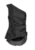 Schwarzes Trägershirt mit schmalem einer Schulter, gefertigt aus glattem Stoff und mit Rüschen entlang der Schulter und der Seite, entworfen mit einer drapierten Form und einem ausgestellten Saum.