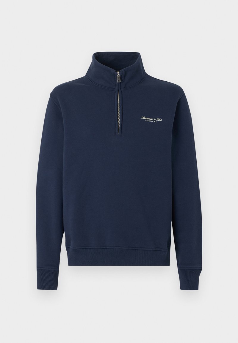 Marineblauer Viertel-Reißverschluss-Sweatshirt mit gerippten Bündchen und Saum, mit kleinem weißem Stickschriftzug auf der linken Brust.