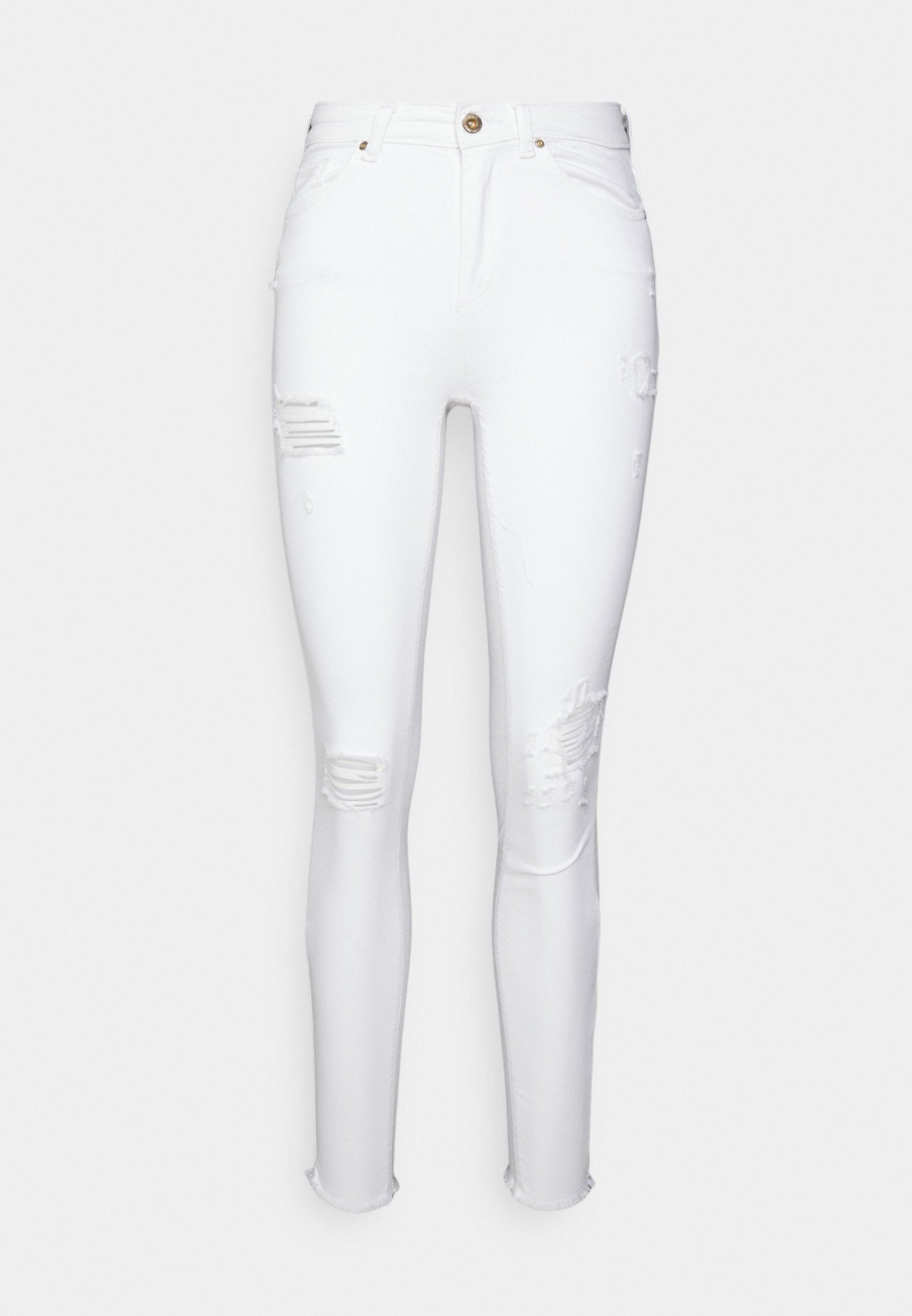 Weiße, enganliegende Jeans aus Denim mit abgewetzten Patches, ausgefranstem Saum und klassischem Fünf-Taschen-Design. Mit Knopfverschluss und Gürtelschlaufen.