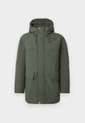 Grüne Parkajacke mit Kapuze, zwei Fronttaschen, Reißverschlüssen und Kordelzügen. Hergestellt aus glattem Stoff mit leichtem Glanz.
