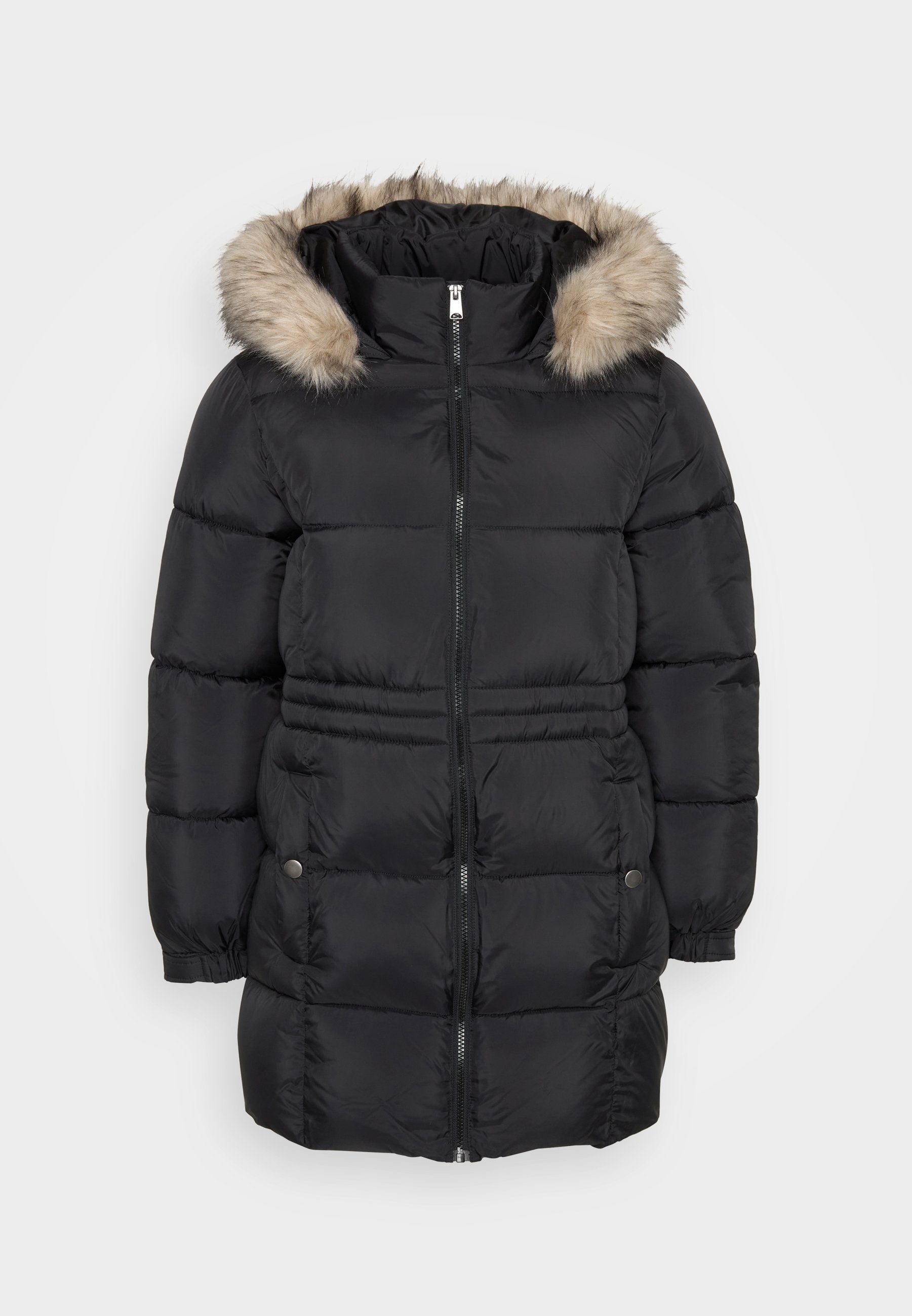 Schwarze gesteppten Winterjacke mit Frontreißverschluss, elastischen Bündchen, seitlichen Taschen mit Knöpfen und einer gefütterten Kapuze aus Fell.