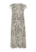Kleid in knielanger Form mit einem schwarz-weißen geometrischen Muster und unterschiedlichen Streifen, verfügt über geraffte Schulterbanden und einen lässigen Schnitt.