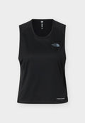 Schwarzes ärmelloses Sporttop mit Rundhalsausschnitt, The North Face-Logo auf der Brust und dem Schriftzug LIGHTRANGE am Saum, dargestellt auf einfarbigem Hintergrund.
