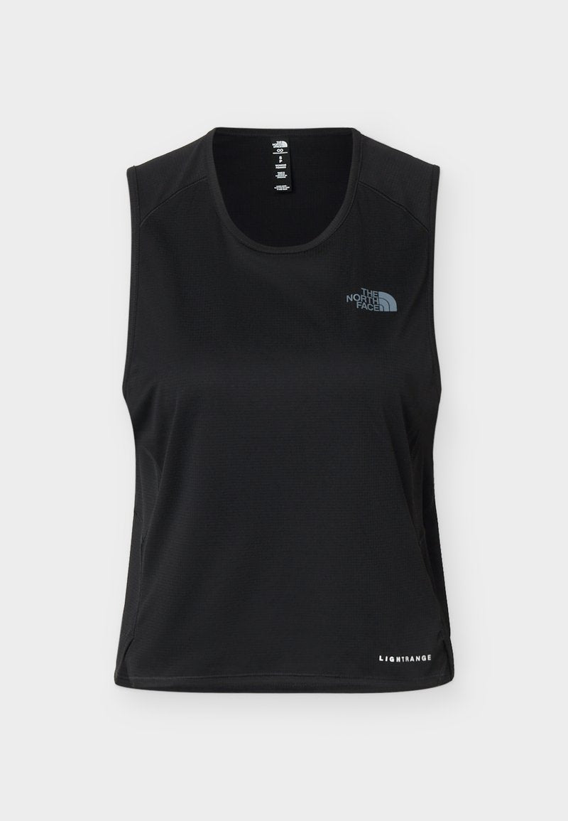 Schwarzes ärmelloses Sporttop mit Rundhalsausschnitt, The North Face-Logo auf der Brust und dem Schriftzug LIGHTRANGE am Saum, dargestellt auf einfarbigem Hintergrund.