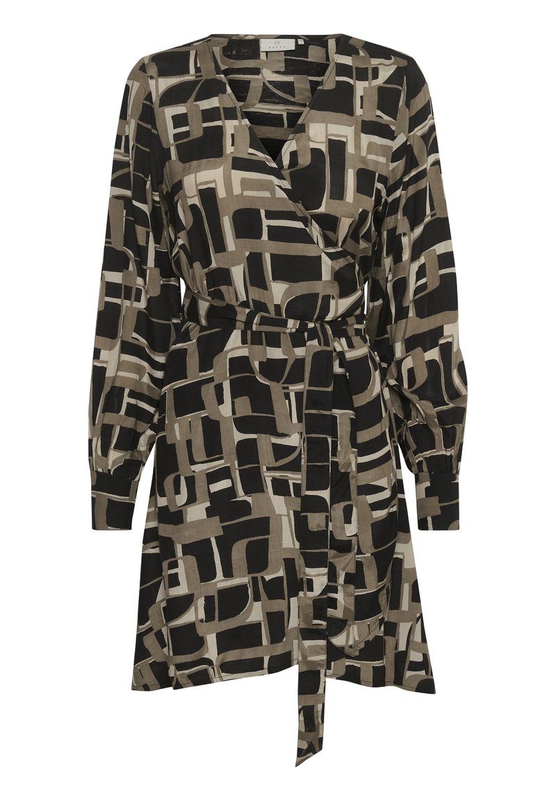 Wickelkleid aus leichtem Stoff mit einem geometrischen Muster in Schwarz, Beige und Creme. Es hat lange Ärmel und einen Bindegürtel in der Taille.